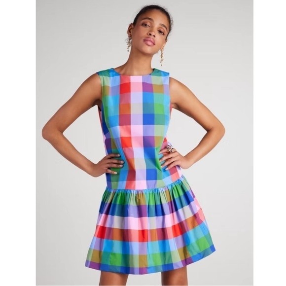 Kate Spade Madras Taffeta Shift Dress Blue Multicolor Size XXL - Picture 2 of 14